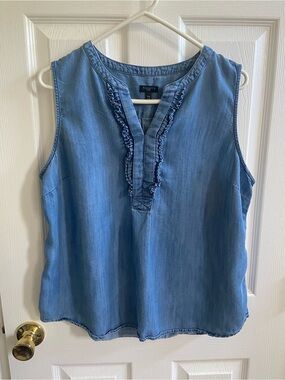 Talbots denim top with pleated trim